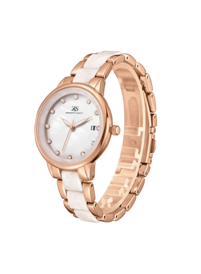 كينيث سكوت ساعة كينيث سكوت نسائية بحركة  وشاشة تناظرية وسوار من خليط معدني وأسيتات بلاستيك - -، أبيض